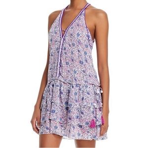 Poupette St Barth Bety Ruffled Mini Dress Blue Aster Floral Size Large